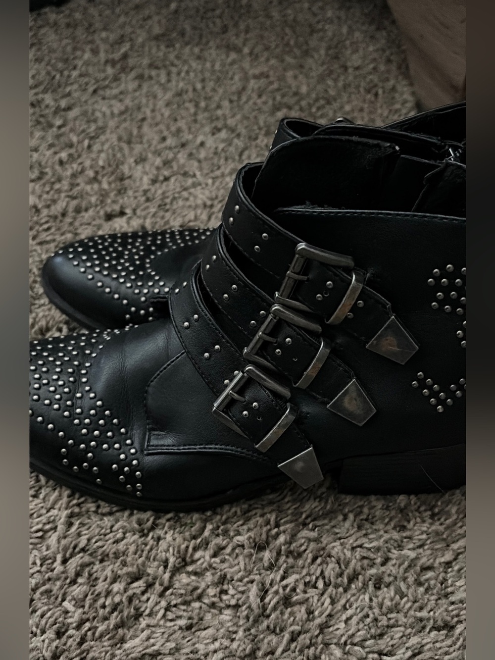 Buckle Black Studded Triple-Buckle Ankle Booties